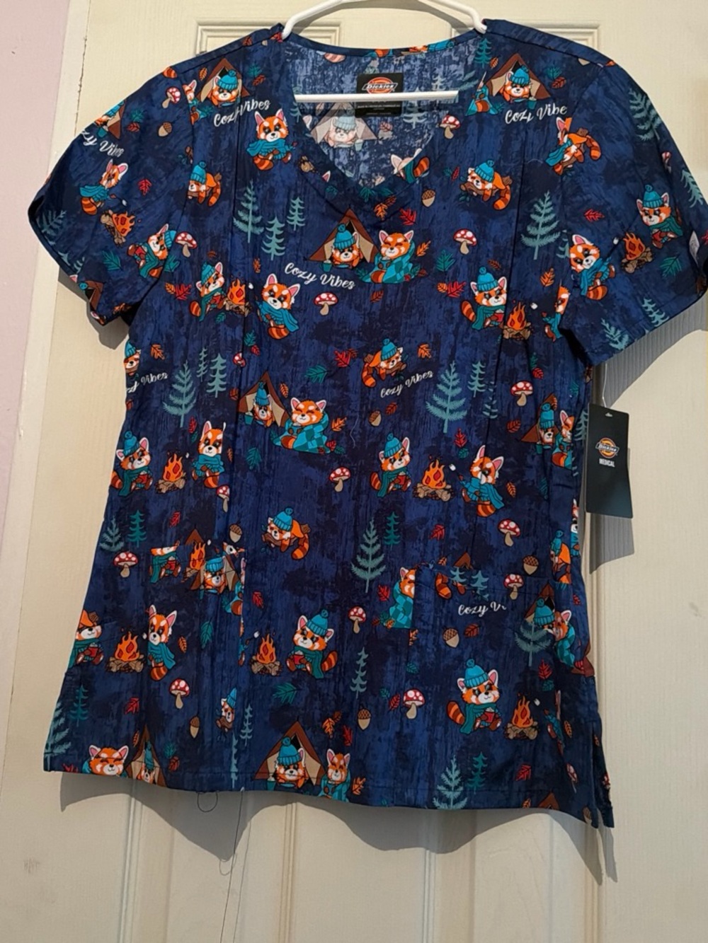 Dickies Navy Blue Fox Print V-Neck Scrub Top